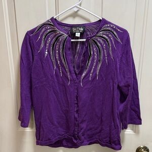 Bob Mackie Wearable Art Purple Cardigan with Silver Beaded Accents size M